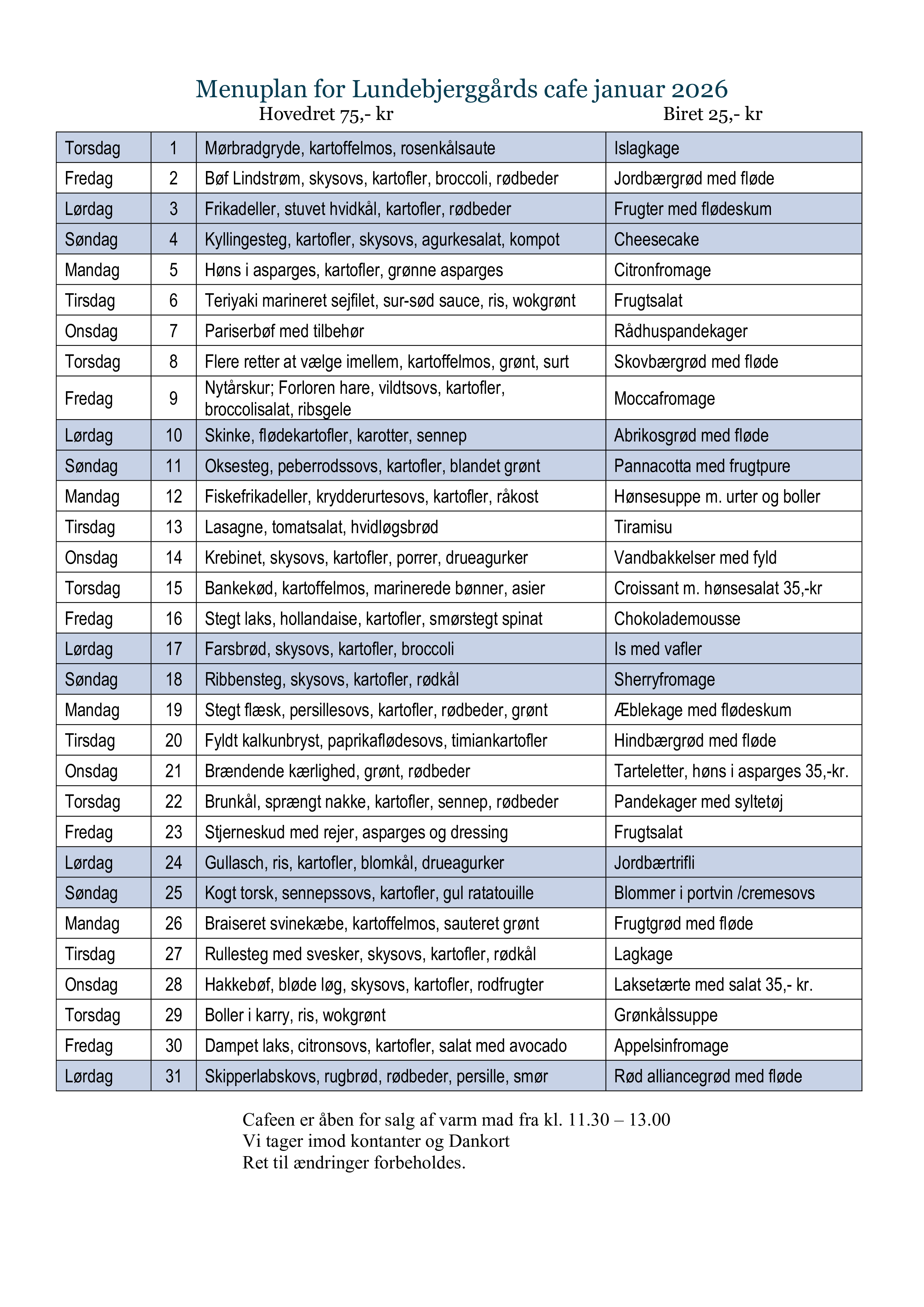 Januar måneds menu med nye priser